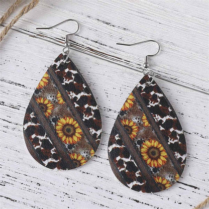 Black & Yellow Cow-Print & Sunflower Drop Earrings