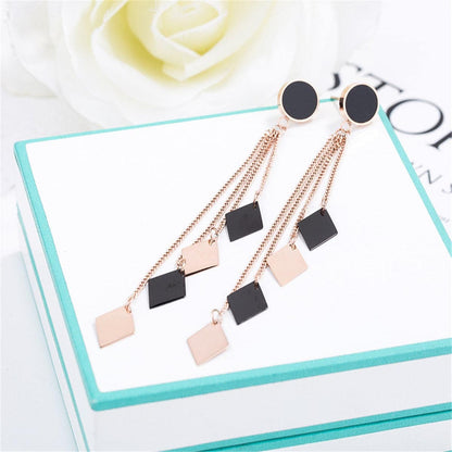Black & Rose Goldtone Rhombus Tassel Drop Earrings