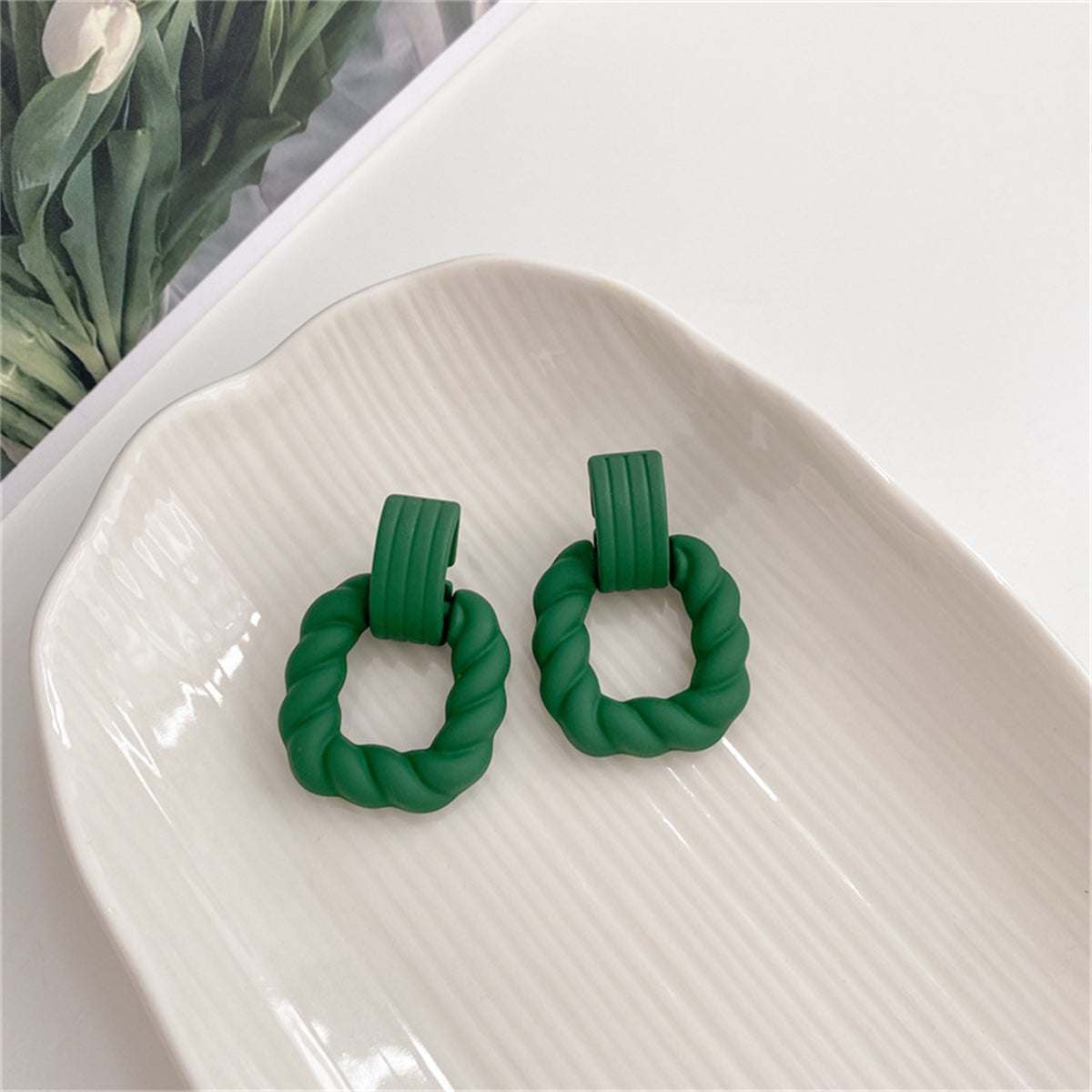 Dark Green Resin & Silvertone Twine Square Drop Earrings