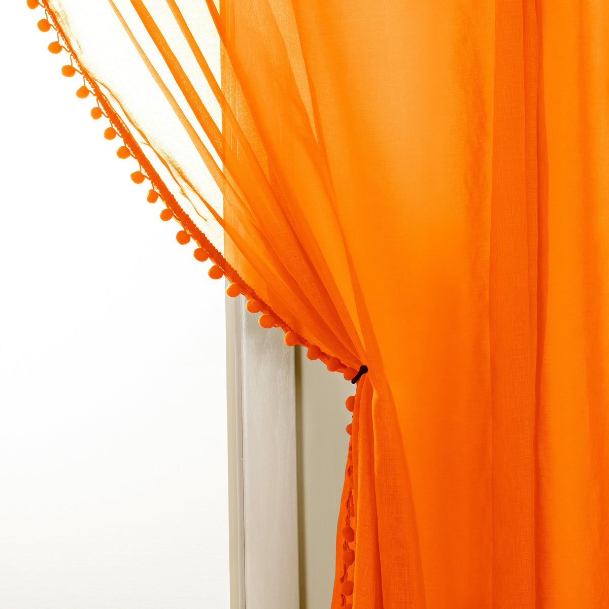 Elegant Comfort Set of 2 Pom Pom Tasseled Sheer Curtain - Rod Pocket
