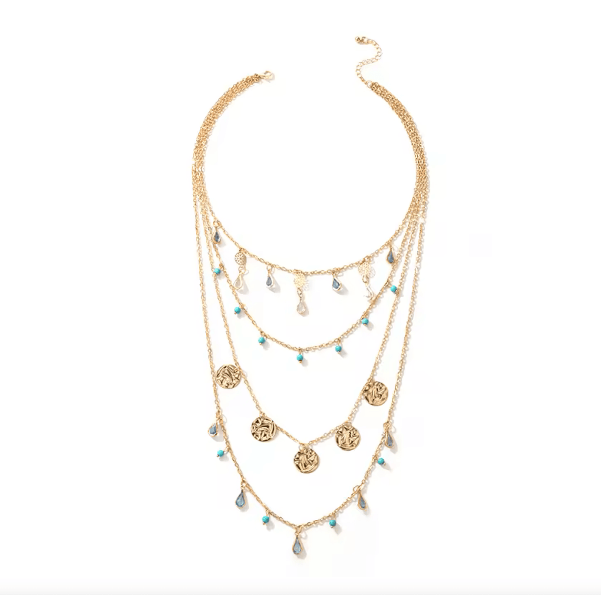 Goldtone Blue Teardrop Bead Layered Necklace