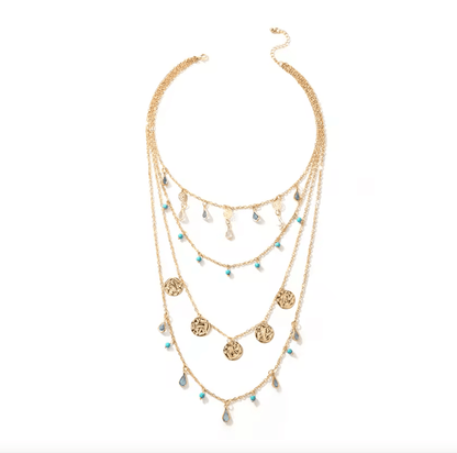 Goldtone Blue Teardrop Bead Layered Necklace