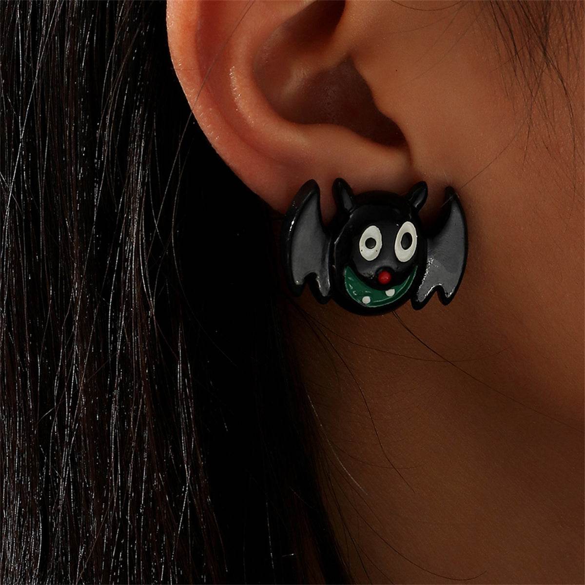 Black & Silvertone Bat Stud Earrings