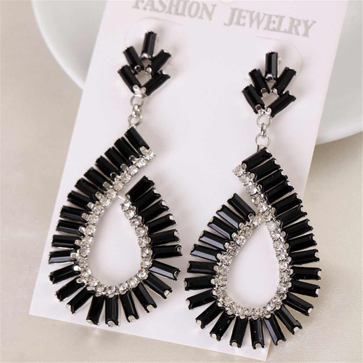 Black & Silvertone Baguette Open Teardrop Earrings