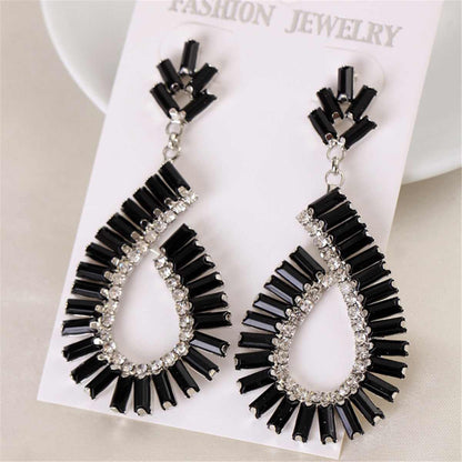 Black & Silvertone Baguette Open Teardrop Earrings