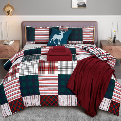 Elegant Comfort 8-Piece Lodge Plaid and Patch Reversible Comforter Set - Includes 4-Piece Sheet Set with Double Sided Storage Pockets