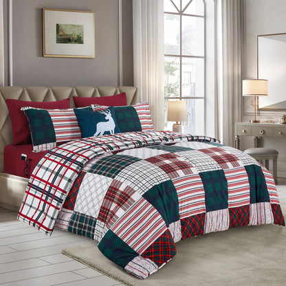 Elegant Comfort 8-Piece Lodge Plaid and Patch Reversible Comforter Set - Includes 4-Piece Sheet Set with Double Sided Storage Pockets