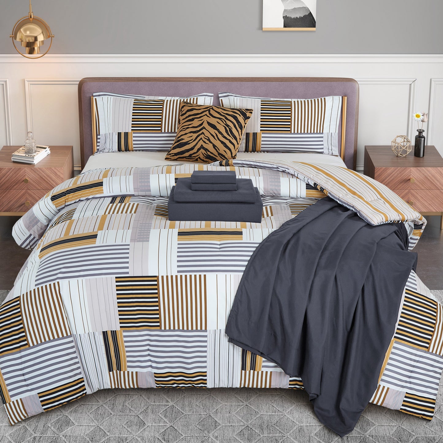 Elegant Comfort 8-Piece Lodge Plaid and Patch Reversible Comforter Set - Includes 4-Piece Sheet Set with Double Sided Storage Pockets