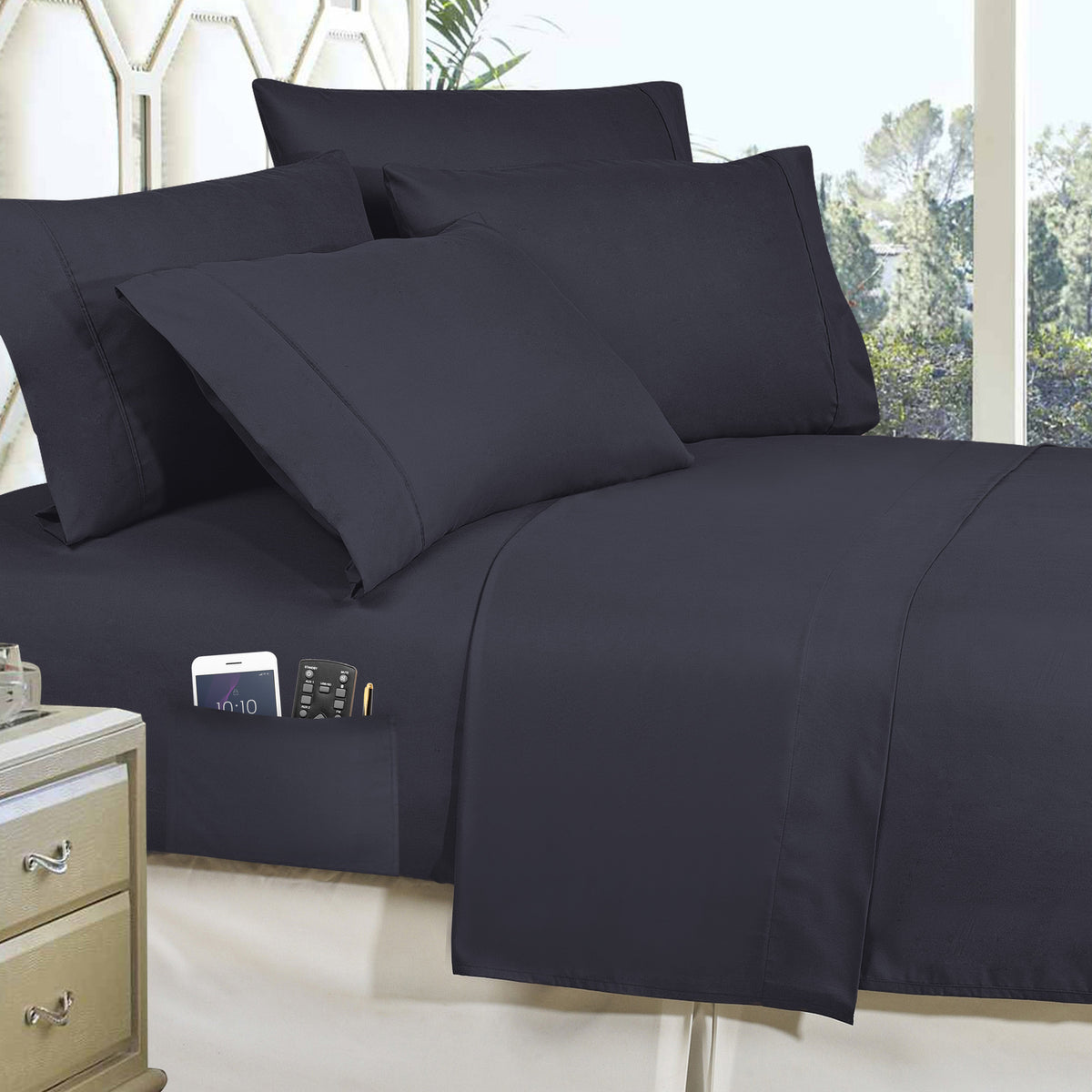 Elegant Comfort 8-Piece Lodge Plaid and Patch Reversible Comforter Set - Includes 4-Piece Sheet Set with Double Sided Storage Pockets