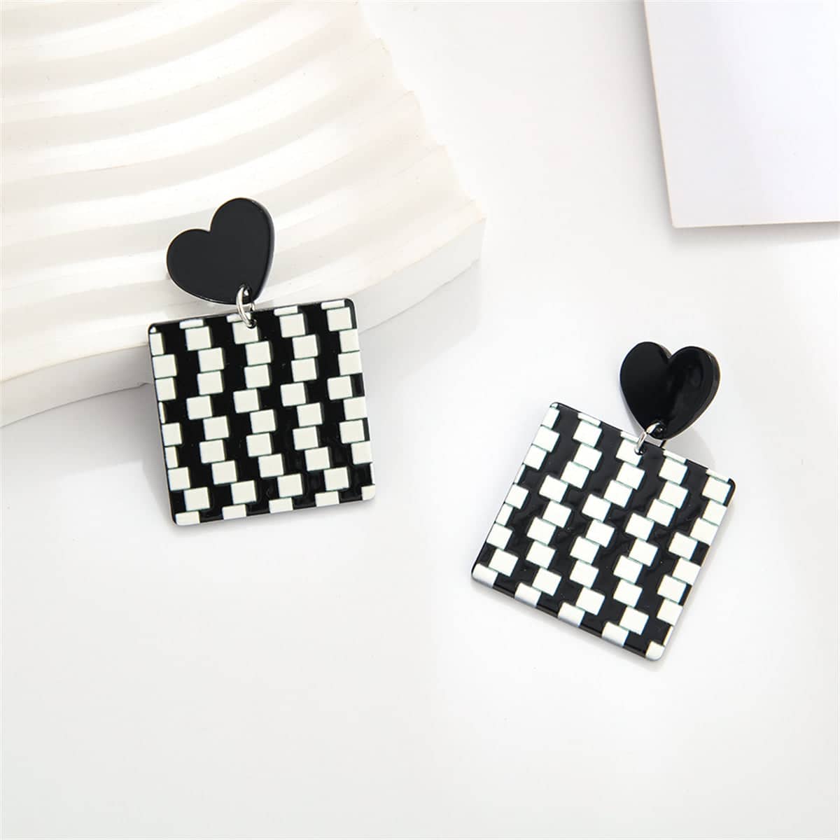 Black Acrylic & Silvertone Abstract Checkerboard Earrings