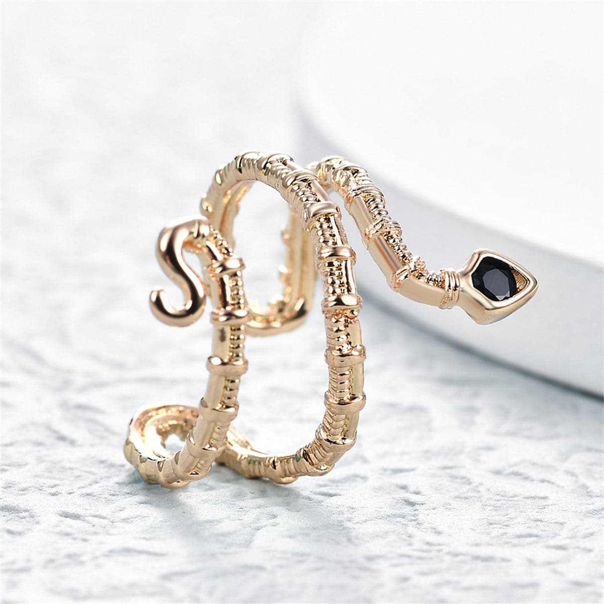 Black Cubic Zirconia & Goldtone Snake Layered Open Ring