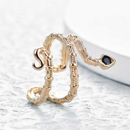 Black Cubic Zirconia & Goldtone Snake Layered Open Ring