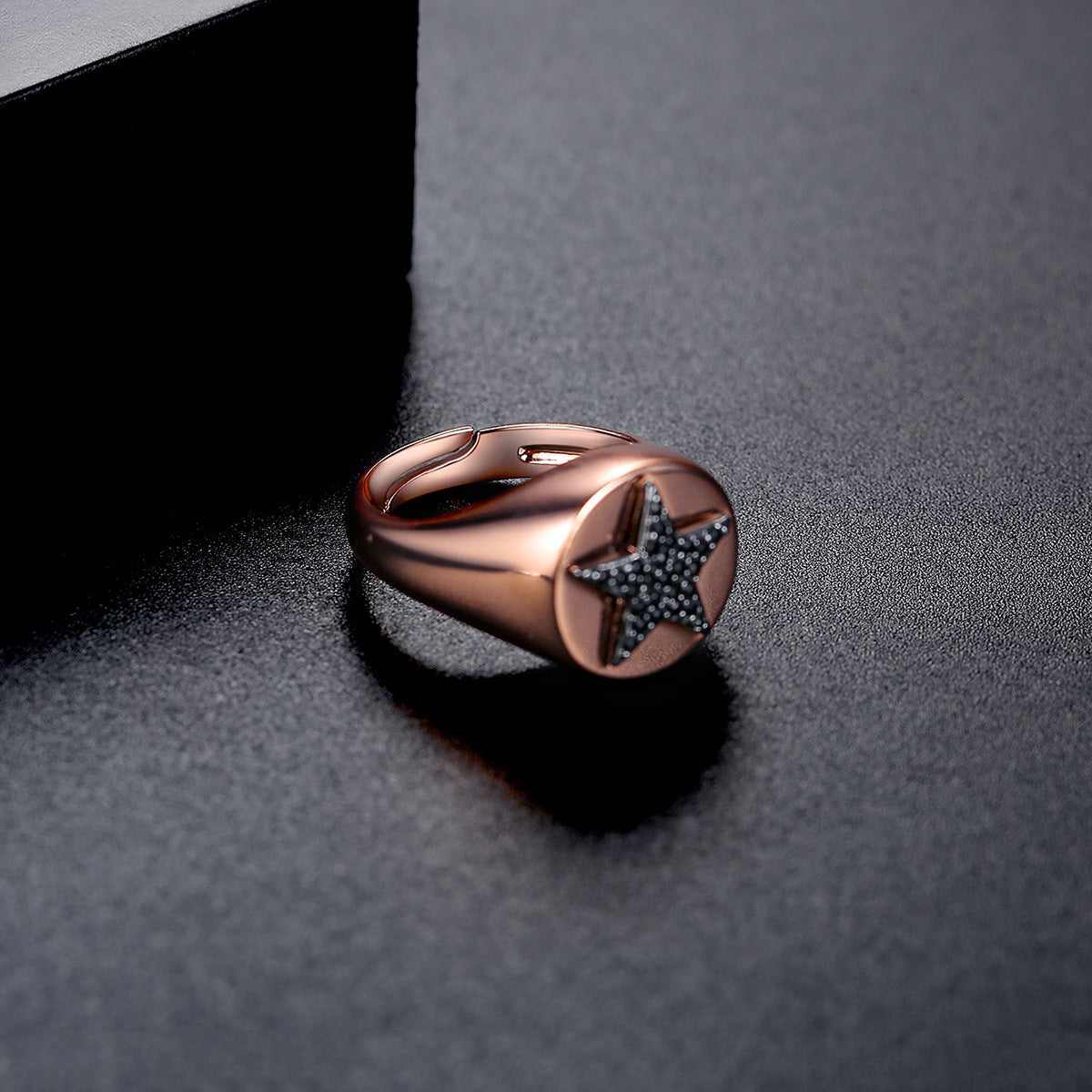 Black Cubic Zirconia & Goldtone Star Adjustable Ring