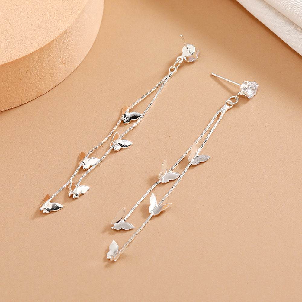 Cubic Zirconia & Silvertone Butterfly Double-Strand Drop Earrings