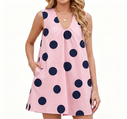 Sleeveless Polka Dot V Neck Shift Mini Dress