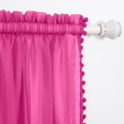 Elegant Comfort Set of 2 Pom Pom Tasseled Sheer Curtain - Rod Pocket