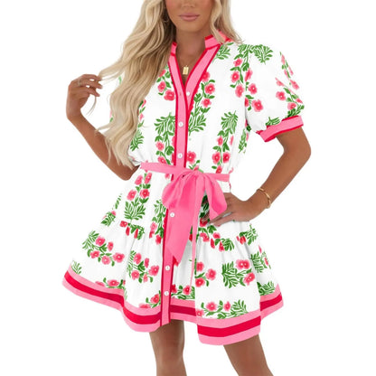 V Neck Puff Sleeve Floral Belted Tiered Mini Dress