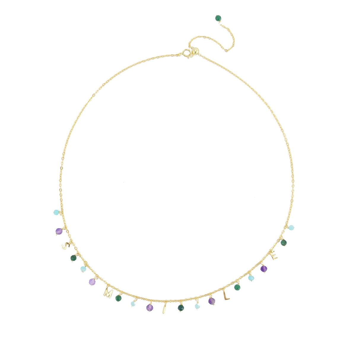 Gold Over Sterling Silver Natural Amazonite, Jade and Amethyst Smile Necklace with 18"