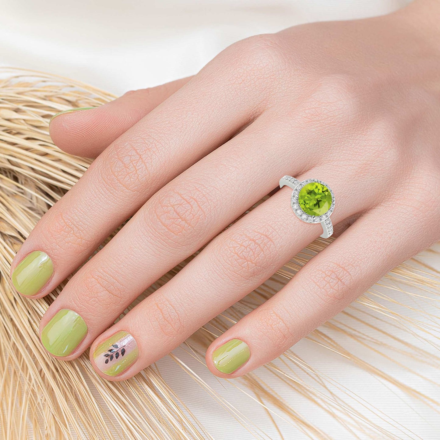 2.65CT Natural Peridot and White Topaz Sterling Silver Halo Ring