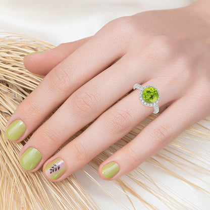 2.65CT Natural Peridot and White Topaz Sterling Silver Halo Ring