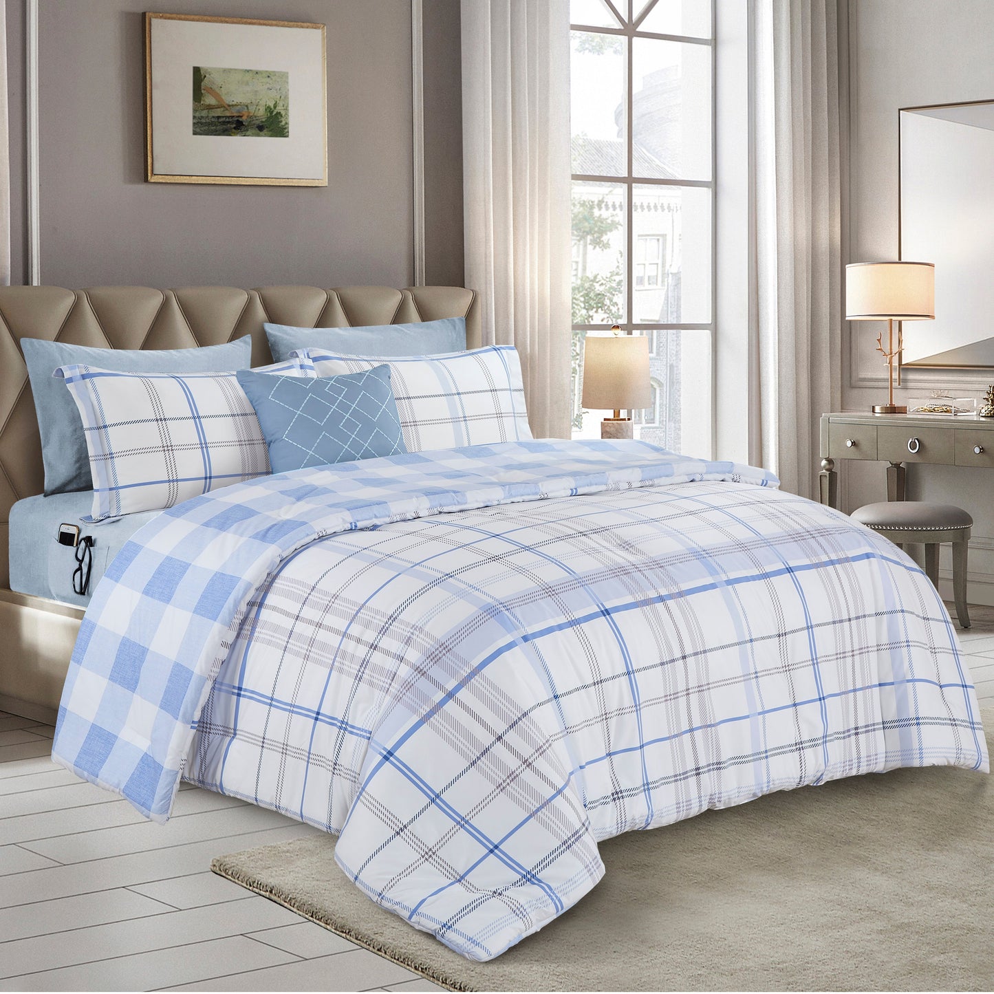 Elegant Comfort 8-Piece Lodge Plaid and Patch Reversible Comforter Set - Includes 4-Piece Sheet Set with Double Sided Storage Pockets