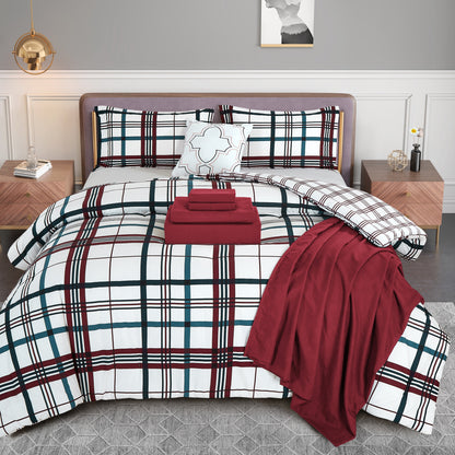 Elegant Comfort 8-Piece Lodge Plaid and Patch Reversible Comforter Set - Includes 4-Piece Sheet Set with Double Sided Storage Pockets
