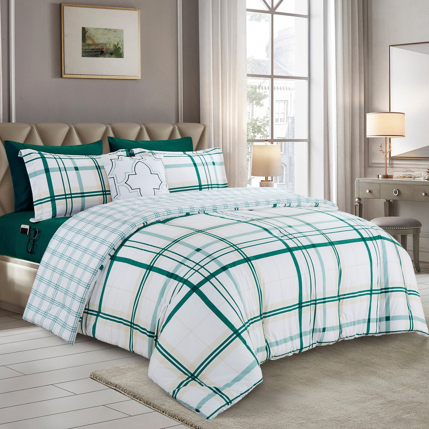 Elegant Comfort 8-Piece Lodge Plaid and Patch Reversible Comforter Set - Includes 4-Piece Sheet Set with Double Sided Storage Pockets