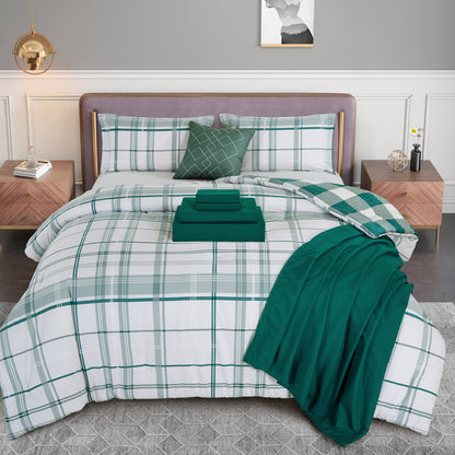 Elegant Comfort 8-Piece Lodge Plaid and Patch Reversible Comforter Set - Includes 4-Piece Sheet Set with Double Sided Storage Pockets