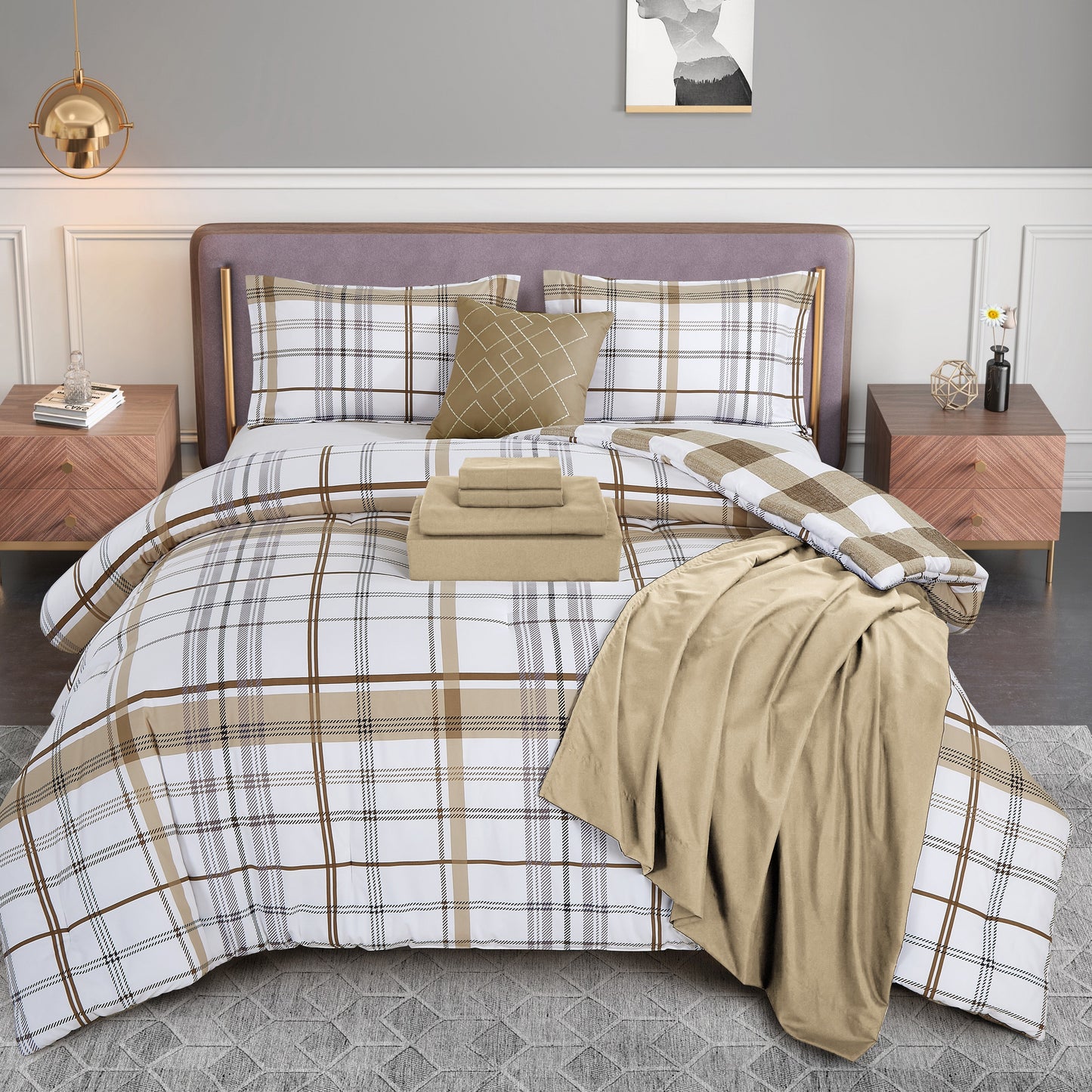 Elegant Comfort 8-Piece Lodge Plaid and Patch Reversible Comforter Set - Includes 4-Piece Sheet Set with Double Sided Storage Pockets