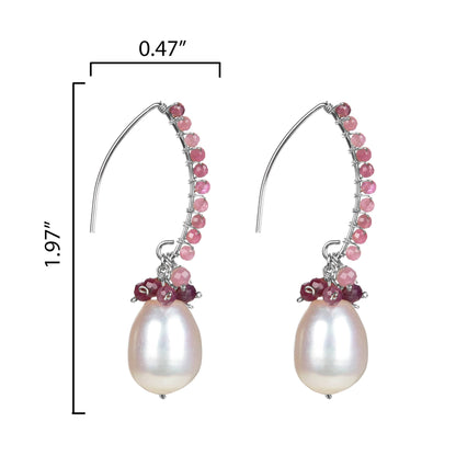 Freshwater Pearl and Natural Pink Tourmoline Sterling Silver Dangle Earring