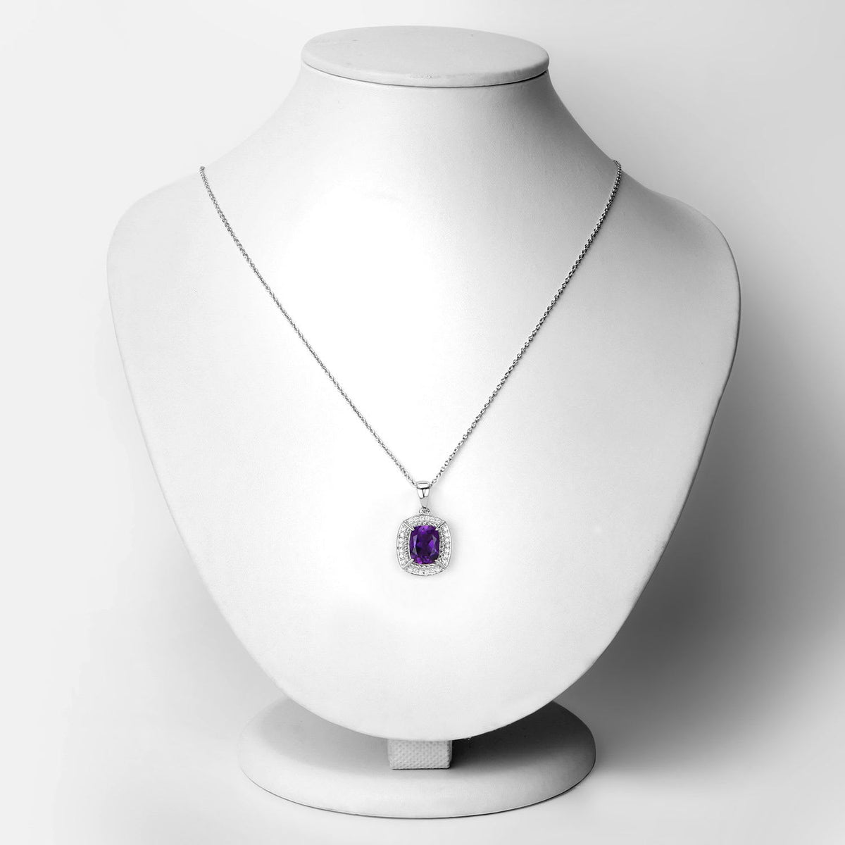 Genuine Purple Amethyst and Lab Diamond Silver Halo Necklace