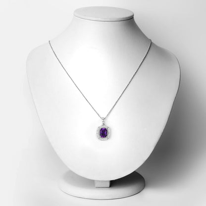 Genuine Purple Amethyst and Lab Diamond Silver Halo Necklace