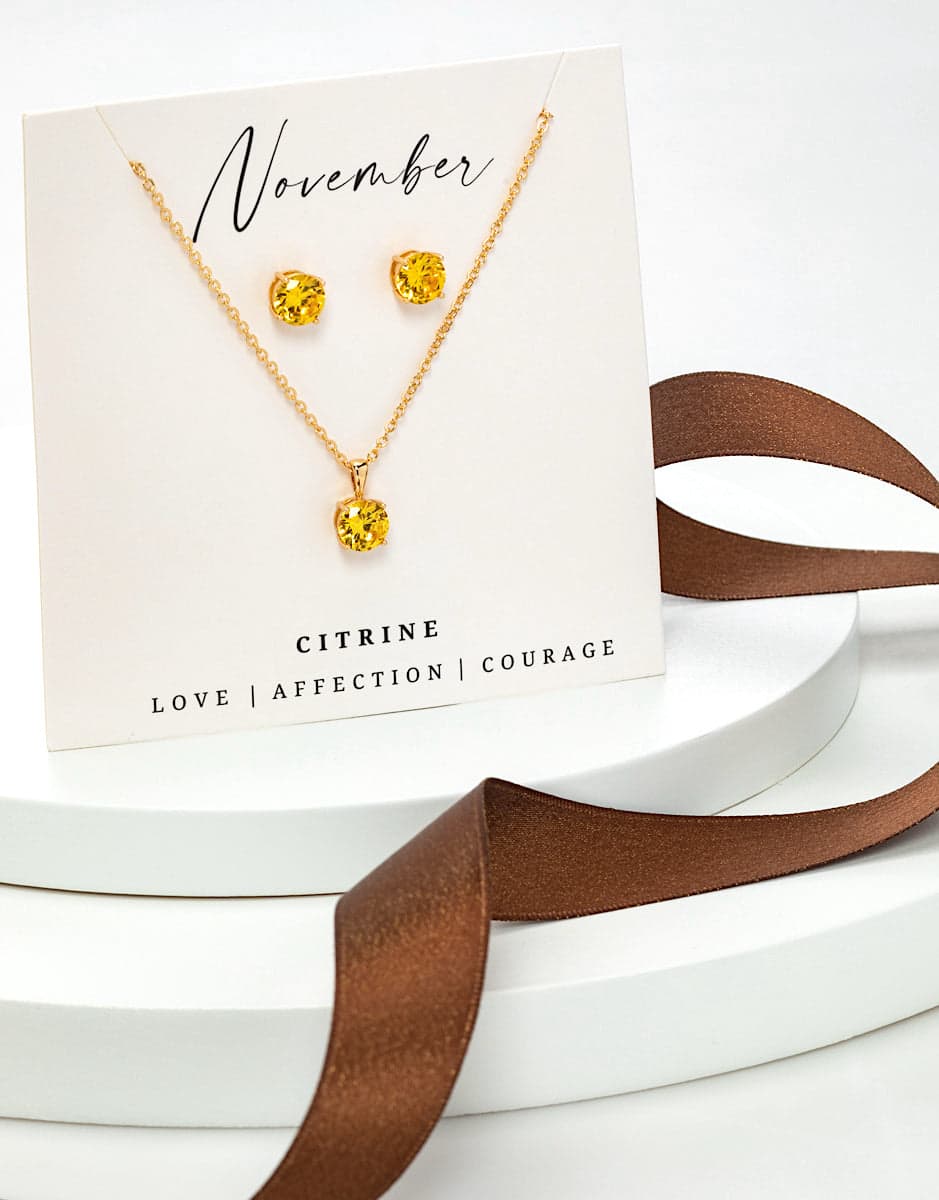 Gold Citrine - November Swarovski Crystal Necklace Earrings – Cz Birthstone Stud Earring Circular Pendant Set