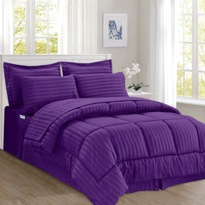 Elegant Comfort 8-Piece Dobby Stripe Comforter Set - Includes 4-Piece Sheet Set with Double Sided Storage Pockets