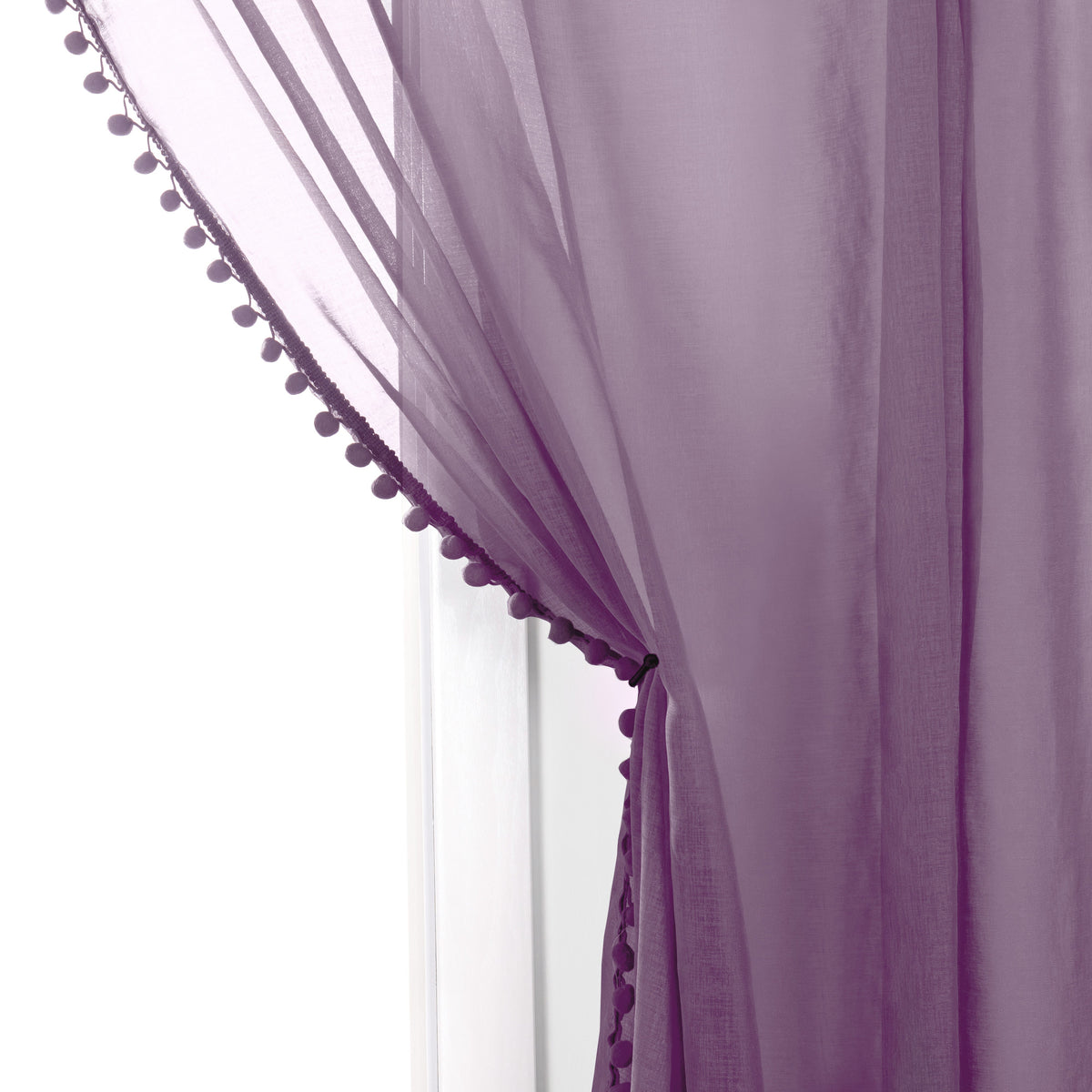 Elegant Comfort Set of 2 Pom Pom Tasseled Sheer Curtain - Rod Pocket