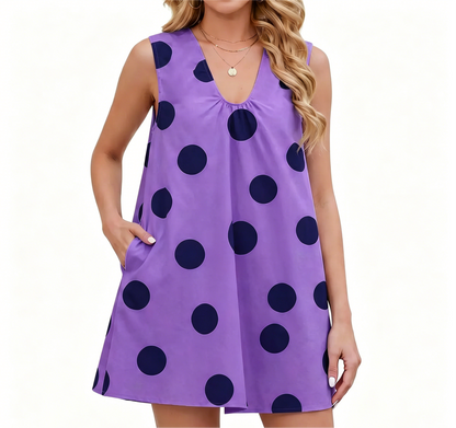 Sleeveless Polka Dot V Neck Shift Mini Dress