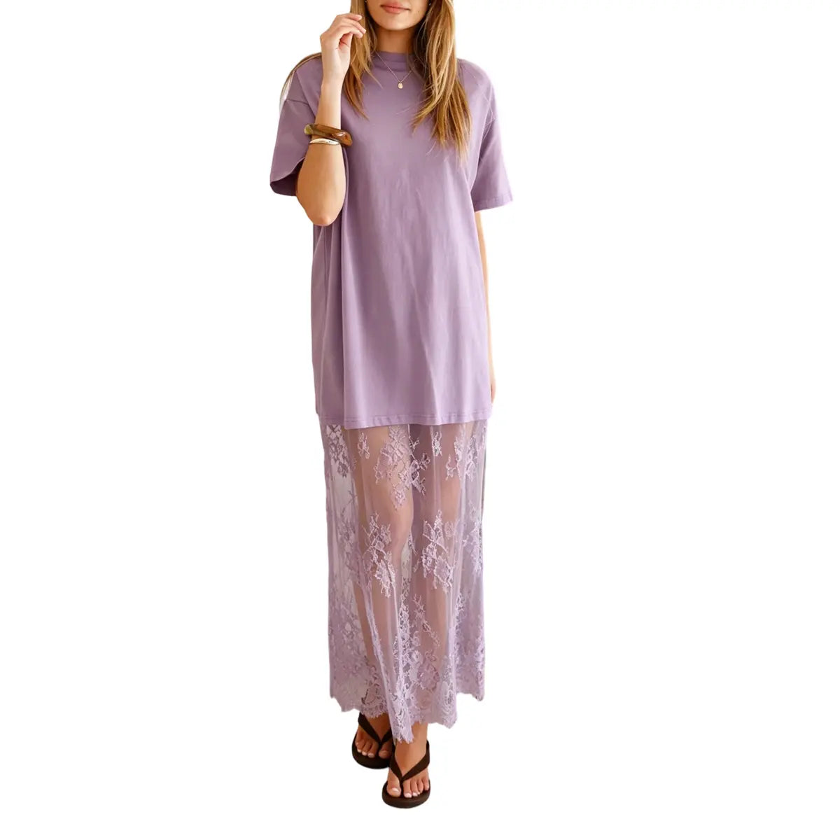 Women's Oversized T-Shirt Maxi Dress with Sheer Lace Hem Drop