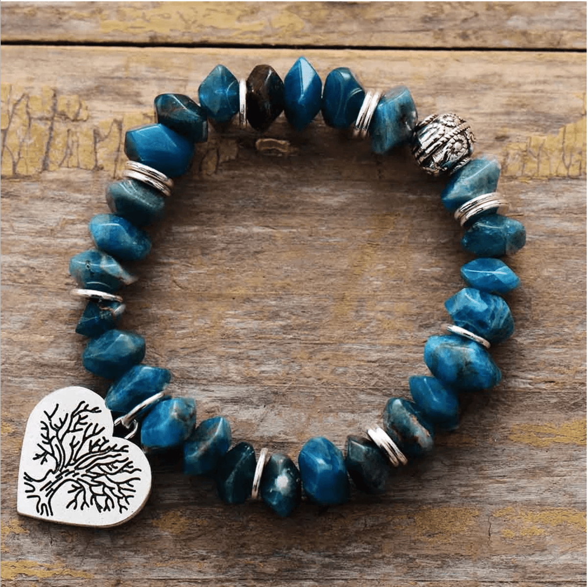 Blue Apatite Beaded Bracelet With Tree-Of-Life Heart Charm