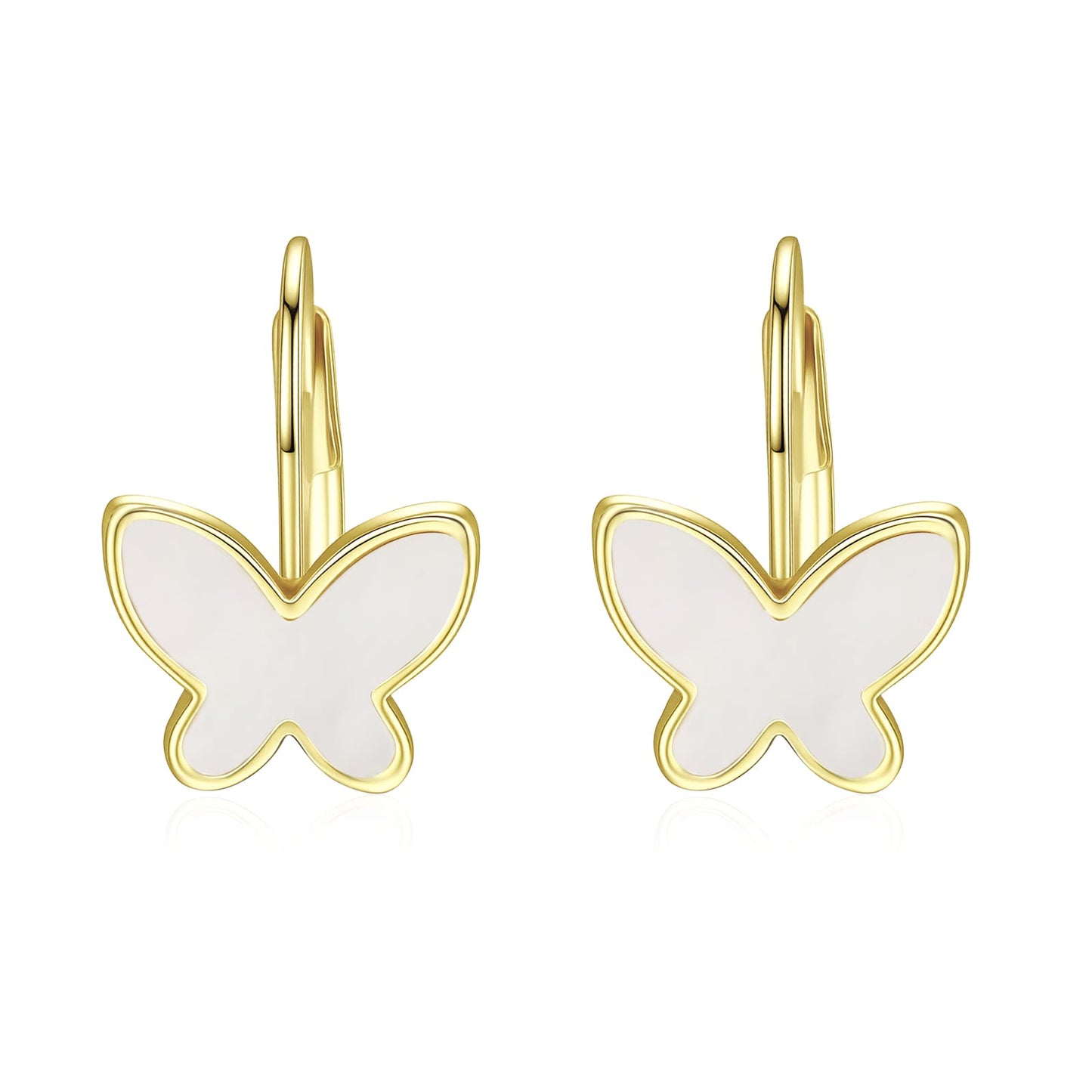 14k Yellow Gold Plated with Mother of Pearl Butterfly Inlay Dangle Drop Leverback Earrings