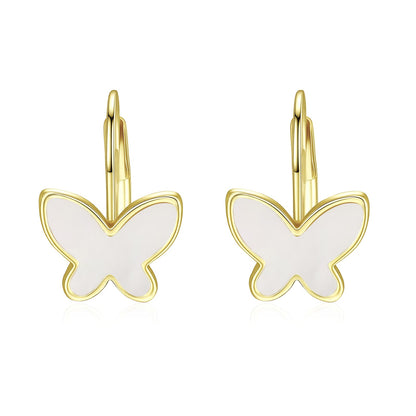 14k Yellow Gold Plated with Mother of Pearl Butterfly Inlay Dangle Drop Leverback Earrings