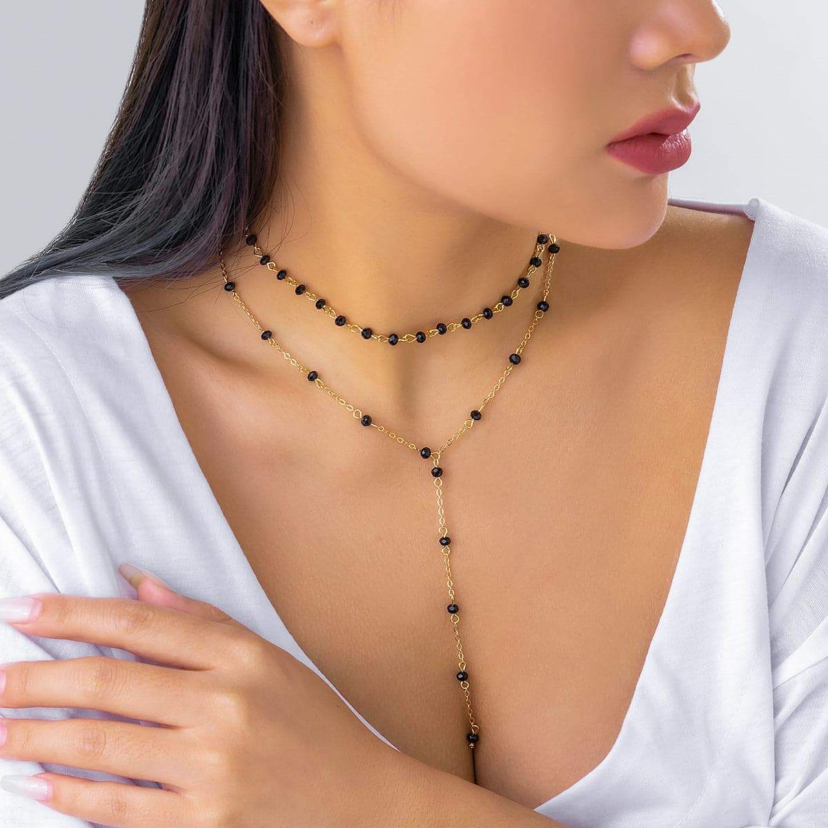 Black Acrylic & Goldtone Lariat Necklace & Choker