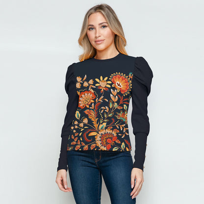 Dark Blue Floral Print Puff Sleeve Long Sleeve T-Shirt