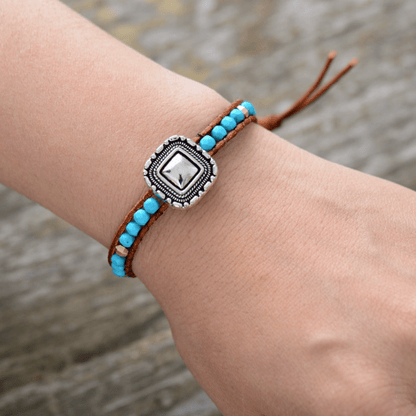 Boho Silvertone Faceted Turquoise Gemstone Beaded Bracelet