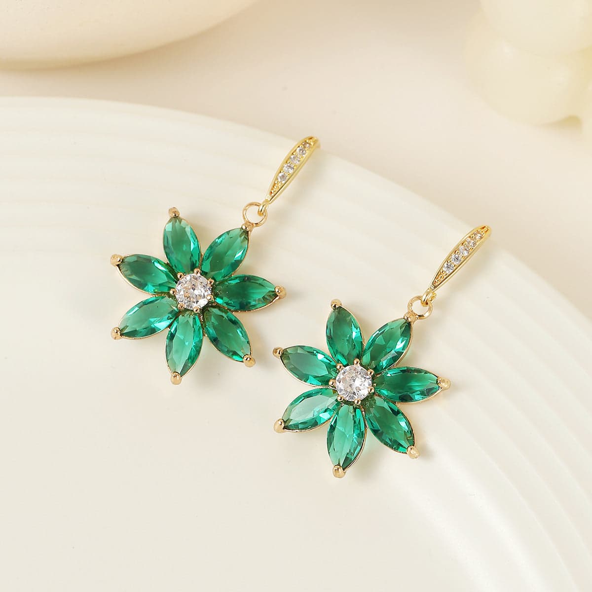 Emerald Crystal & Cubic Zirconia Goldtone Flower Hook Earrings