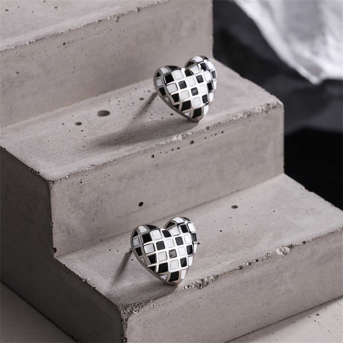 Black & White Checkerboard Heart Stud Earrings