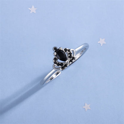 Black Cubic Zirconia & Silvertone Crown Open Ring