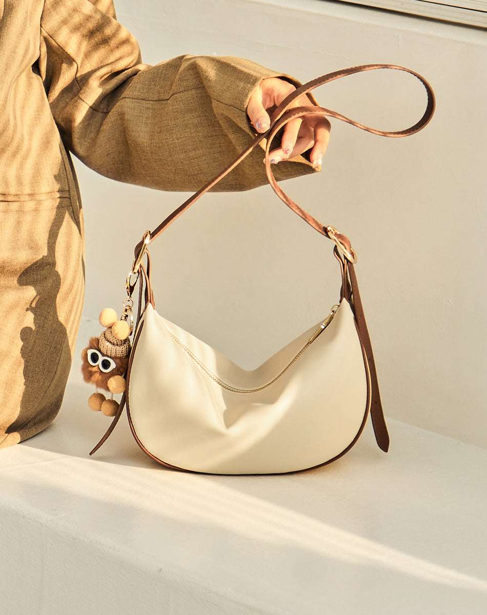 Crescent Leather Crossbody Shoulder Bag with Bear Charm
