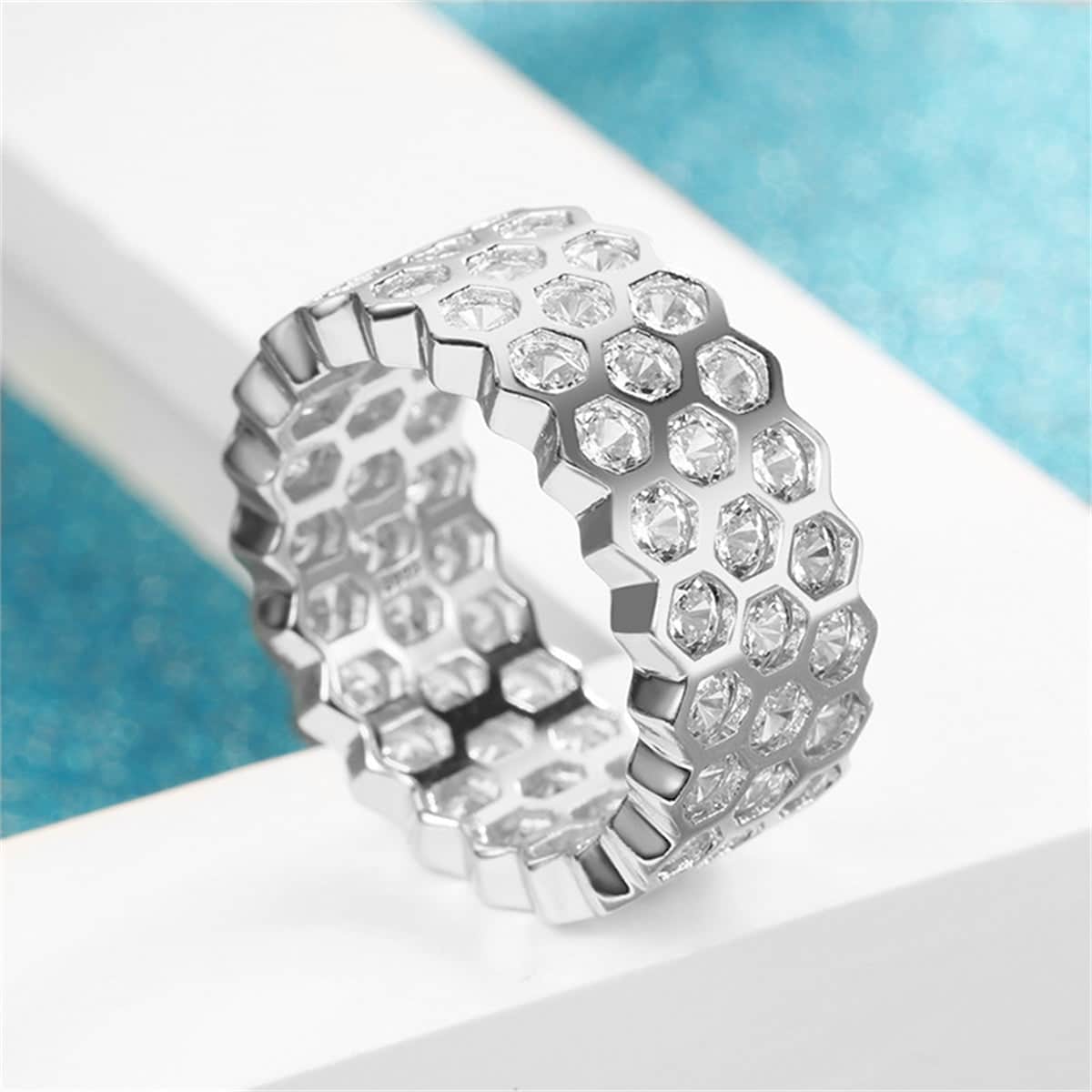 Cubic Zirconia & Silvertone Honeycomb Band
