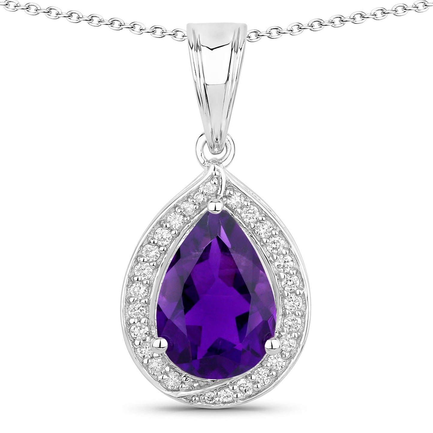 Genuine Amethyst and Lab Grown Diamond Silver Halo Necklace