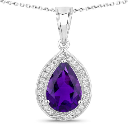 Genuine Amethyst and Lab Grown Diamond Silver Halo Necklace